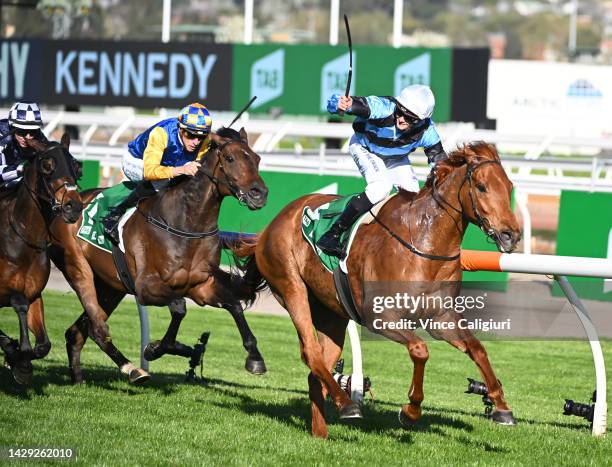 Ethan Brown riding Smokin' Romans winning Race 7, the Tab Turnbull Stakes, during Turnbull Stakes Day at Flemington Racecourse on October 01, 2022 in...