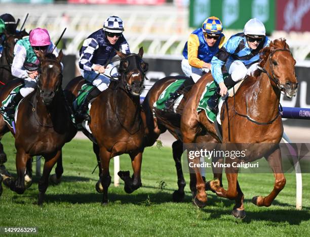 Ethan Brown riding Smokin' Romans winning Race 7, the Tab Turnbull Stakes, during Turnbull Stakes Day at Flemington Racecourse on October 01, 2022 in...