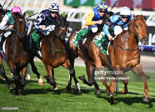 Ethan Brown riding Smokin' Romans winning Race 7, the Tab Turnbull Stakes, during Turnbull Stakes Day at Flemington Racecourse on October 01, 2022 in...