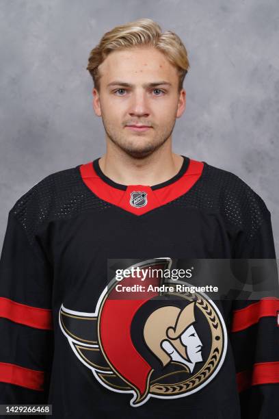 Erik Brannstrom of the Ottawa Senators poses for his official headshot for the 2022-2023 season on September 21, 2022 at Canadian Tire Centre in...