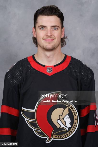 Drake Batherson of the Ottawa Senators poses for his official headshot for the 2022-2023 season on September 21, 2022 at Canadian Tire Centre in...