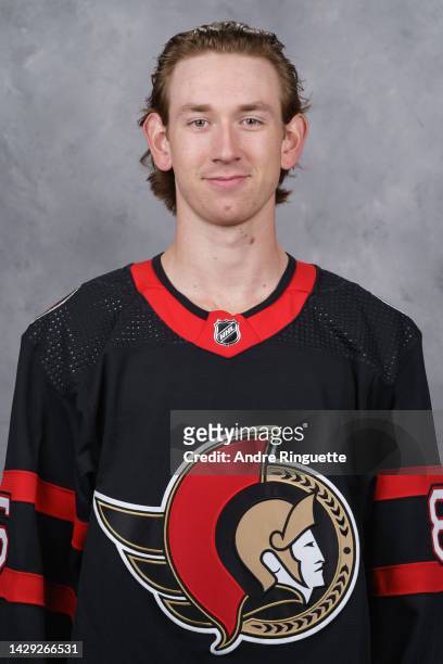 Jake Sanderson of the Ottawa Senators poses for his official headshot for the 2022-2023 season on September 21, 2022 at Canadian Tire Centre in...