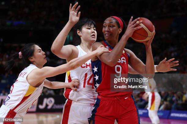 Ja Wilson of the United States passes the ball during the 2022 FIBA Women's Basketball World Cup Final match between USA and China at Sydney...