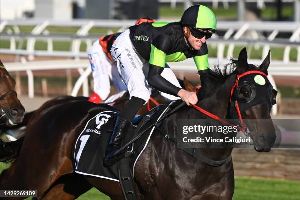 Joshua Parr riding Private Eye winning Race 8, the Gilgai Stakes , during Turnbull Stakes Day at Flemington Racecourse on October 01, 2022 in...