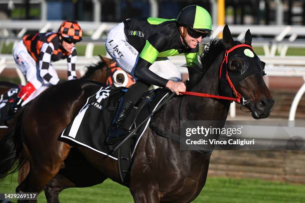 Joshua Parr riding Private Eye winning Race 8, the Gilgai Stakes , during Turnbull Stakes Day at Flemington Racecourse on October 01, 2022 in...