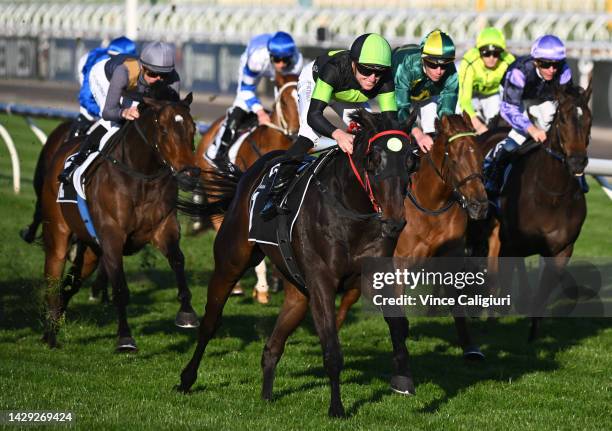 Joshua Parr riding Private Eye winning Race 8, the Gilgai Stakes , during Turnbull Stakes Day at Flemington Racecourse on October 01, 2022 in...