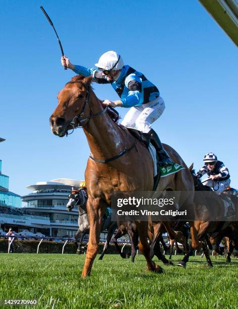 Ethan Brown riding Smokin' Romans winning Race 7, the Tab Turnbull Stakes, during Turnbull Stakes Day at Flemington Racecourse on October 01, 2022 in...