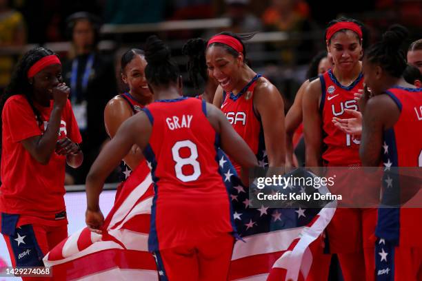 Ja Wilson of the United States and team mates celebrate winning during the 2022 FIBA Women's Basketball World Cup Final match between USA and China...