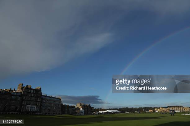 General view across the 1st and 18th holes as a rainbow is seen over the course on Day Three of the Alfred Dunhill Links Championship on the Old...