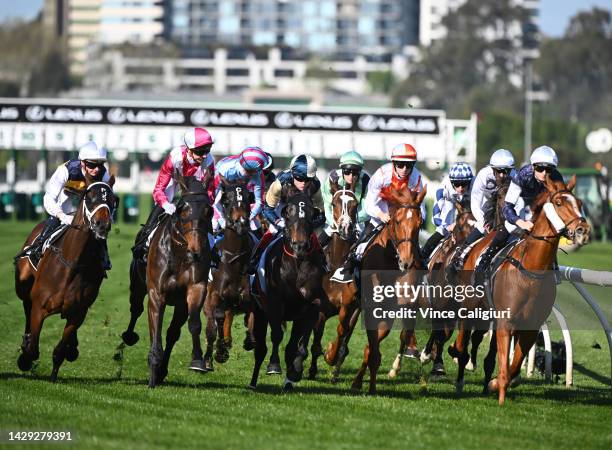 The field race to the first turn in Race 6, the The Lexus Bart Cummings, during Turnbull Stakes Day at Flemington Racecourse on October 01, 2022 in...