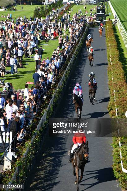 General view of crowds before Race 6, the The Lexus Bart Cummings, during Turnbull Stakes Day at Flemington Racecourse on October 01, 2022 in...