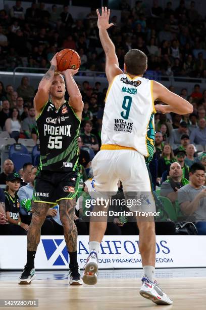 Mitchell Creek of the Phoenix shoots the ball during the round one NBL match between South East Melbourne Phoenix and Tasmania JackJumpers at John...