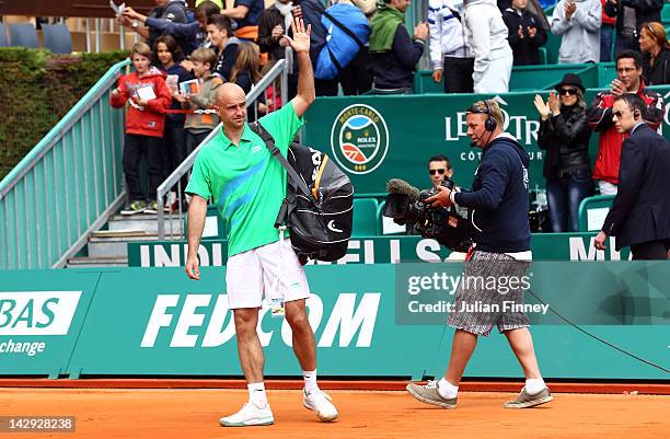 Ivan Ljubicic of Croatia leaves the court for the last time after retiring from the sport during day one of the ATP Monte Carlo Masters on April 15,...