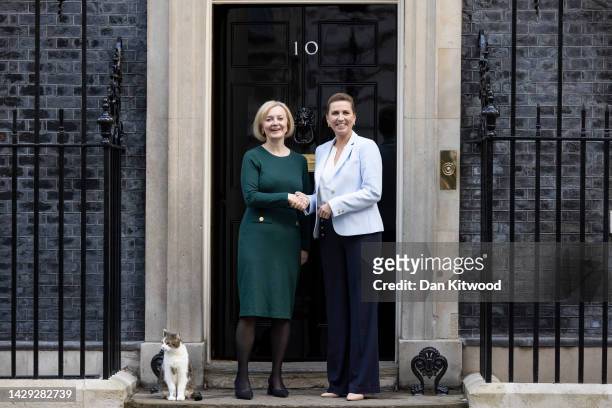British Prime Minister Liz Truss welcomes Prime Minister of Denmark, Mette Frederiksen to 10 Downing Street on October 01, 2022 in London, England.