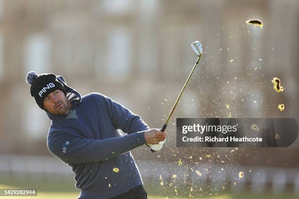 Victor Perez of France plays their second shot on the 1st hole on Day Three of the Alfred Dunhill Links Championship on the Old Course St. Andrews on...