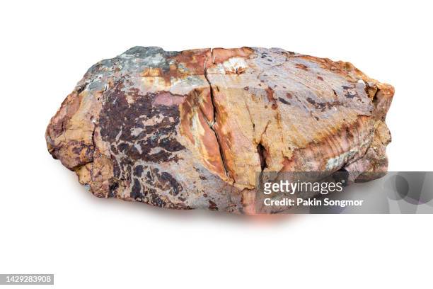 big piece of coarse rock with scratches and patterns isolated on a white background. clipping path - geologie stock-fotos und bilder