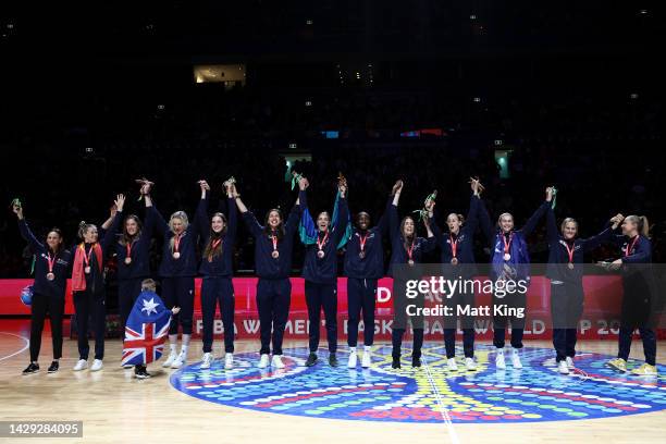 Bronze medalist team Australia celebrate during the trophy presentation after the 2022 FIBA Women's Basketball World Cup Final match between USA and...
