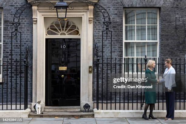 British Prime Minister Liz Truss welcomes Prime Minister of Denmark, Mette Frederiksen to 10 Downing Street on October 01, 2022 in London, England.