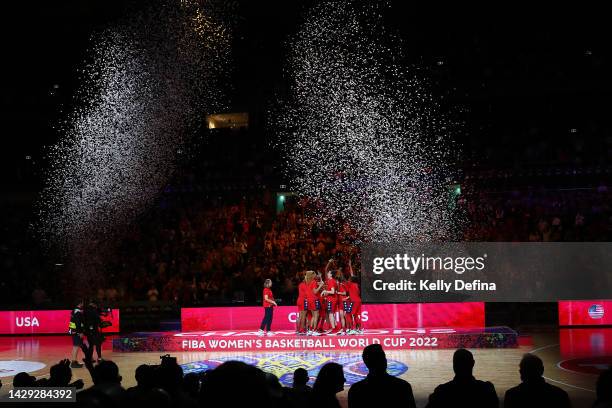 Team USA celebrate winning the Gold Medal during the 2022 FIBA Women's Basketball World Cup Final match between USA and China at Sydney Superdome, on...