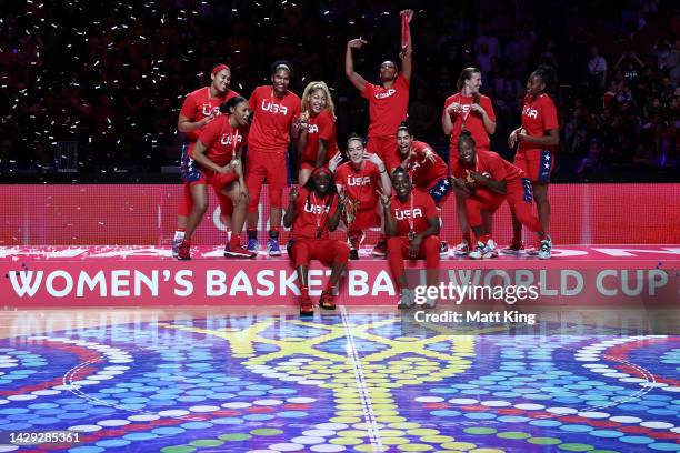Team USA pose with the trophy after winning the 2022 FIBA Women's Basketball World Cup Final match between USA and China at Sydney Superdome, on...
