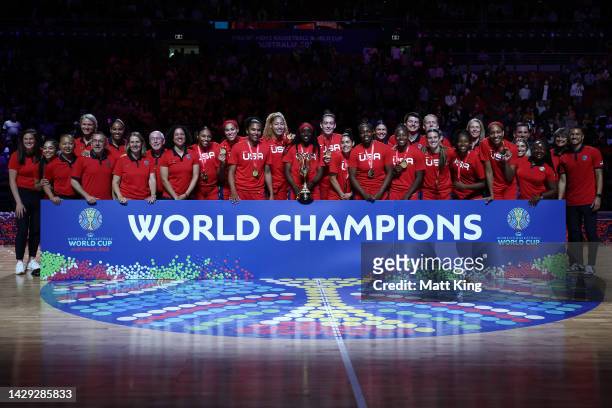 Team USA pose with the trophy after winning the gold medal during the 2022 FIBA Women's Basketball World Cup Final match between USA and China at...