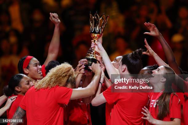 Brionna Jones of the United States and Team USA lift the FIBA Women's Basketball World Cup during the 2022 FIBA Women's Basketball World Cup Final...