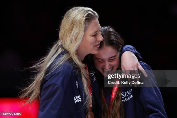 Lauren Jackson of Australia and Anneli Maley of Australia celebrate Australia winning the Bronze medal during the 2022 FIBA Women's Basketball World...