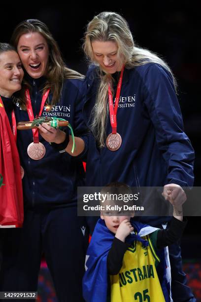 Lauren Jackson of Australia and Sara Blicavs of Australia celebrate Australia winning the Bronze medal during the 2022 FIBA Women's Basketball World...