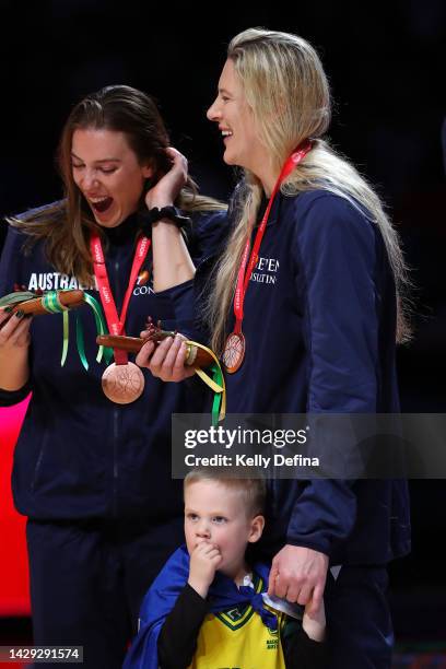 Lauren Jackson of Australia and Sara Blicavs of Australia celebrate Australia winning the Bronze medal during the 2022 FIBA Women's Basketball World...