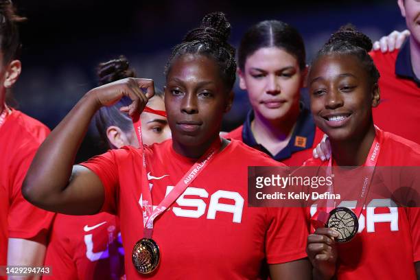 Chelsea Gray and Jewell Loyd of the United States celebrate Team USA winning the Gold Medal during the 2022 FIBA Women's Basketball World Cup Final...
