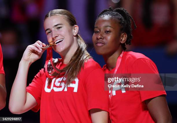 Sabrina Ionescu and Ariel Atkins of the United States celebrate Team USA winning the Gold Medal during the 2022 FIBA Women's Basketball World Cup...