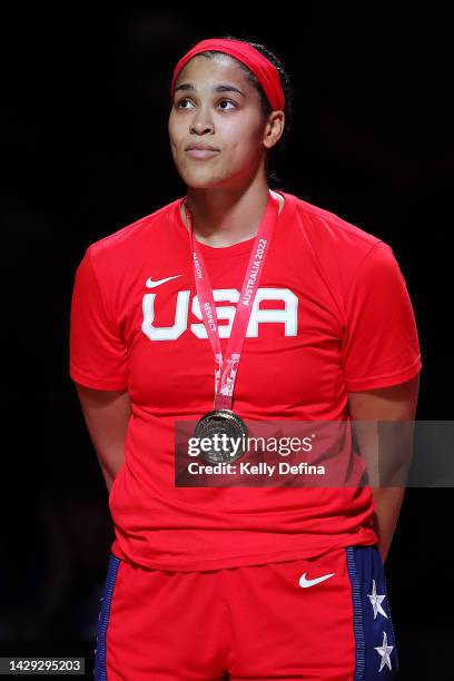 Brionna Jones of the United States celebrates Team USA winning the Gold Medal during the 2022 FIBA Women's Basketball World Cup Final match between...