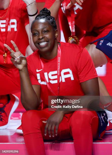 Chelsea Gray of the United States celebrates Team USA winning the Gold Medal during the 2022 FIBA Women's Basketball World Cup Final match between...