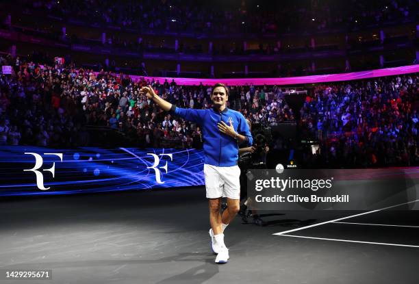 Roger Federer of Team Europe shows his emotion as he acknowledges the crowd following his final match of his career during Day One of the Laver Cup...