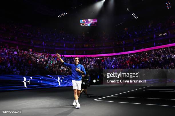 Roger Federer of Team Europe shows his emotion as he acknowledges the crowd following his final match of his career during Day One of the Laver Cup...