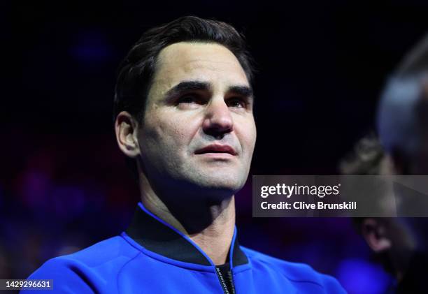 Roger Federer of Team Europe shows his emotion following his final match of his career during Day One of the Laver Cup at The O2 Arena on September...