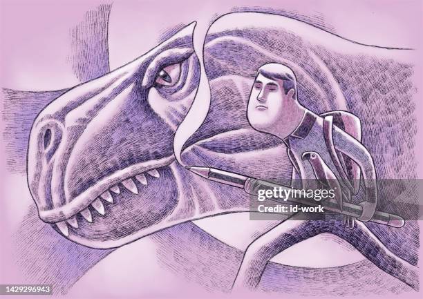 illustrations, cliparts, dessins animés et icônes de jeune homme tenant un gros crayon à côté d’un dinosaure - humour rentrée scolaire