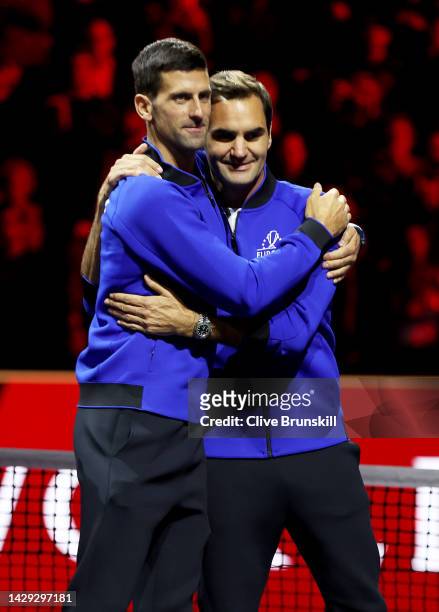 Roger Federer of Team Europe embraces team mate Novak Djokovic during the Laver Cup at The O2 Arena on September 2, 2022 in London, England.