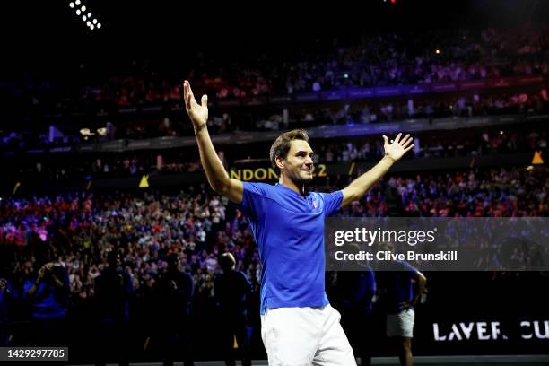 Roger Federer of Team Europe shows his emotion as he acknowledges the crowd following his final match of his career during Day One of the Laver Cup...