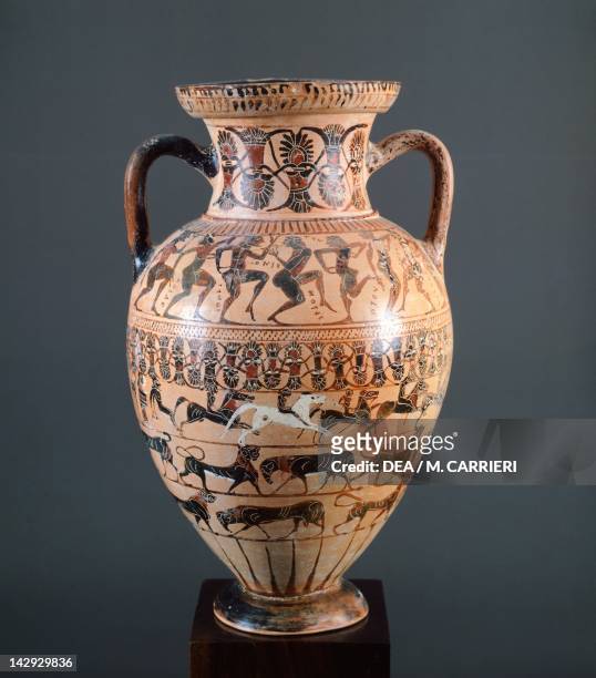 Ceramic attic amphora with black figures depicting scenes from Greek mythology. Etruscan Civilisation, 6th Century BC. Rome, Museo Nazionale Etrusco...
