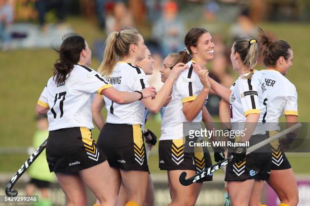 Karri Somerville of the Perth Thunder Sticks celebrates after scoring a field goal during the round one Hockey One League match between Perth...