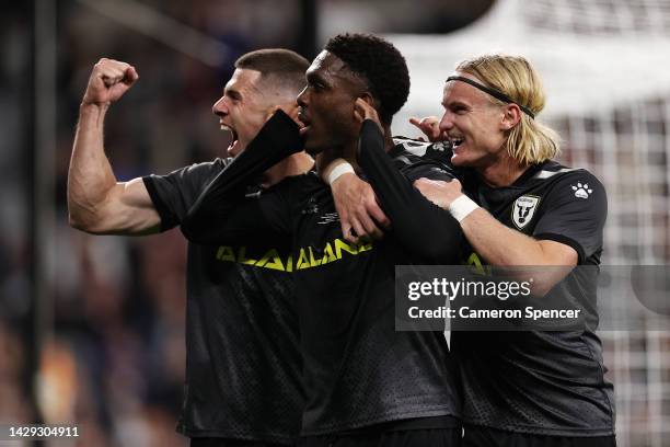 Al Hassan Toure of Macarthur FC celebrates scoring a penalty with team mates during the Australia Cup Final match between Sydney United 58 FC and...