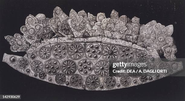 Golden crown from the Treasury of Mycenae, by Heinrich Schliemann , drawing. Greece, 19th Century. Venice, Biblioteca Nazionale Marciana