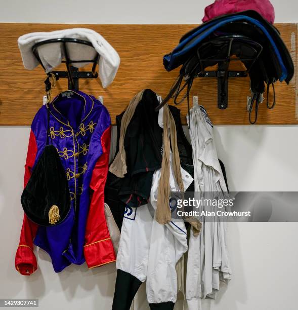 The racing silks of King Charles III hang in the Ascot changing room awaiting jockey David Probert who will ride King's Lynn for The King in the...