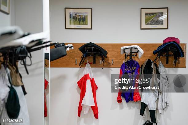 The racing silks of King Charles III hang in the Ascot changing room awaiting jockey David Probert who will ride King's Lynn for The King in the...