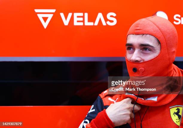 Charles Leclerc of Monaco and Ferrari prepares to drive in the garage during final practice ahead of the F1 Grand Prix of Singapore at Marina Bay...