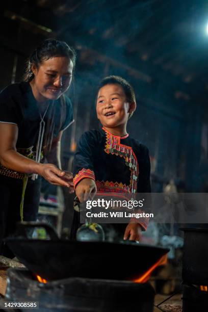hmong hilltribe family cooking pasto biologico chiang mai, tailandia - chiang rai foto e immagini stock