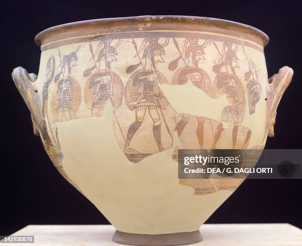 Krater depicting Shardana warriors, painted terracotta vase from Mycenae . Mycenaean Civilization, 13th Century BC. Athens, Ethnikó Arheologikó...