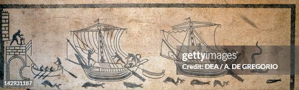 Mosaic depicting a harbor and two boats, from Diotallevi Palace in Rimini, Emilia Romagna. Roman Civilization. Rimini, Museo Della Città