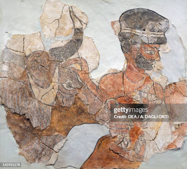 Fresco depicting a sacrifice from Mari archeological site, Syria, Assyrian civilisation, 1800 BC. Aleppo, Archaeological Museum